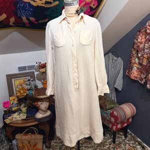 Nat Kaplan Couture 60s Vintage Cream Textured Open Weave Shirt Dress Long Sleeve